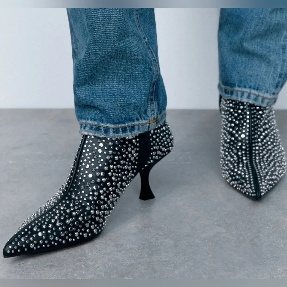 Zara Black Studded  Heeled Ankle Boots - Size 8 - Picture 2 of 16